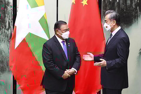 Chinese Foreign Minister Wang Yi meets with Myanmar's Foreign Minister Wunna Maung Lwin in Tunxi in eastern China's Anhui Province, Friday, April 1, 2022(Photo| AP)