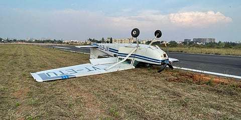 The toppled Cessna 185 aircraft at the Jakkur Aerodrome. (Photo| EPS)