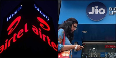 (L-R) The logos of Bharti Airtel and Reliance Jio. (File Photo| Reuters)
