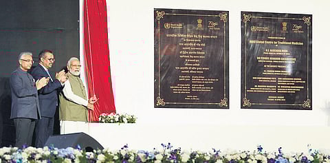 Mauritius PM P K Jugnauth and WHO Director-General Tedros Ghebreyesus with Prime Minister Narendra Modi at the foundation stone laying ceremony of WHO Global Centre for Traditional Medicine in Gujarat
