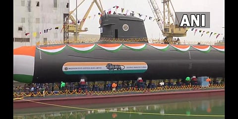 INS Vagsheer, the last of the Scorpene-class submarines of Project-75, launched in Mumbai.(Photo | Image tweeted by ANI)