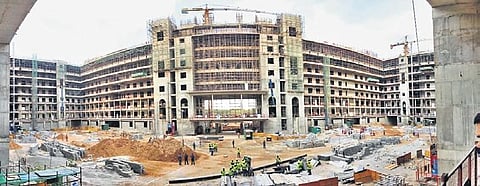 ​​A view of the under-construction Secretariat complex in Hyderabad on Saturday