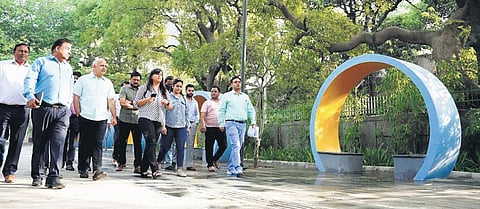 Deputy Chief Minister Manish Sisodia along with officials during an inspection of ongoing pilot projects on the rejuvenation of roads on Wednesday | Express