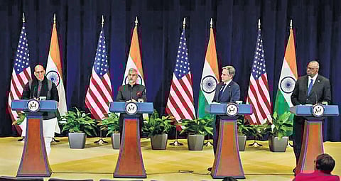 (L-R) Rajnath Singh, S Jaishankar, US Secretary of State Antony Blinken and Defense Secretary Lloyd Austin after the 2 2 meeting in Washington DC . (File Photo| PTI)