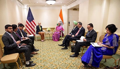 FM Nirmala Sitharaman met CEOs of large American firms like FedEx& Mastercard. (Photo | Twitter/@FinMinIndia)