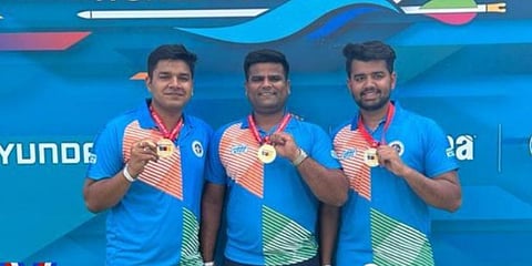 Indian men's compound archery team .(Photo | Twitter. Archery Association of India)