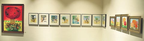 Artworks from the exhibition on display at Bikaner House