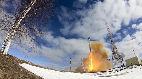 In this handout photo released by Russian Defense Ministry Press Service on Wednesday, April 20, 2022, the Sarmat intercontinental ballistic missile is launched from Plesetsk in Russia's northwest.