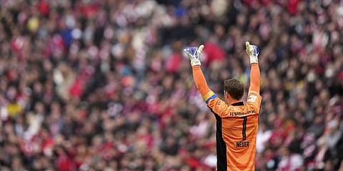 Bayern's goalkeeper Manuel Neuer reacts during the German Bundesliga soccer match against Dortmund,in Munich, Germany, Saturday, April 23, 2022.(Photo | AP)