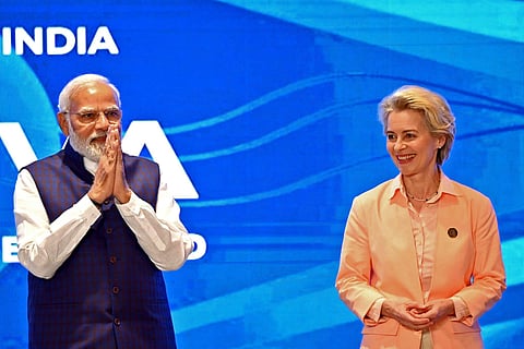 Prime Minister Narendra Modi and European Commission President Ursula von der Leyen at the inaugural session of Raisina Dialogue 2022, in New Delhi on Monday. (Photo | ANI)
