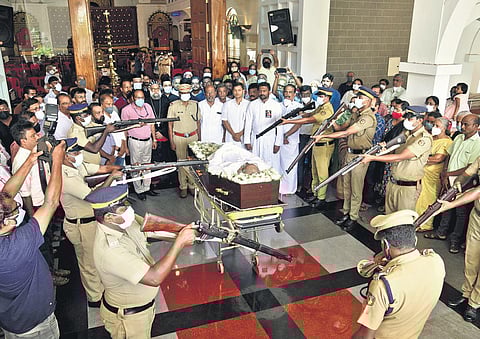 Police officers give gun salute to John Paul before he was laid to rest at St Mary’s Jacobite Syrian Orthodox Soonoro Cathedral in Kochi on Sunday | Pics: A Sanesh