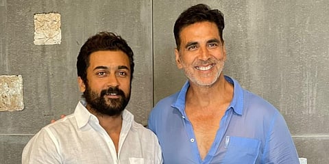 Suriya, who played the lead in the original 'Soorarai Pottru', chose to participate in the pooja of the Hindi remake, which will feature Akshay Kumar in the lead. (Photo | Suriya Twitter)