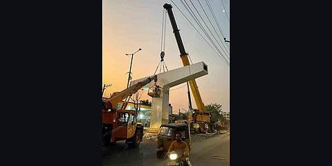Works underway at the proposed steel flyover from Nalgonda Cross Roads to Owaisi Junction in Hyderabad. (Photo| EPS)