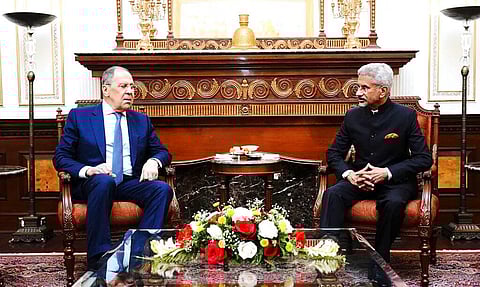 S Jaishankar and his Russian counterpart Sergei Lavrov sit for a meeting in New Delhi. (Photo | Twitter)