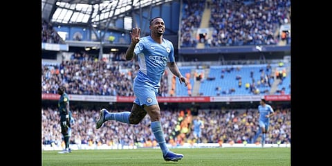 Manchester City's Gabriel Jesus celebrates after scoring his fourth goal, his side's fifth, during the EPL match against Watford, April 23, 2022. (Photo | AP)