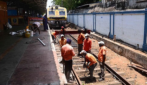 Track repair underway at Beach Station in Chennai a day after a local train derailed and crashed into the buffer at the dead-end of the platform. (Photo | Debadatta Mallick, EPS