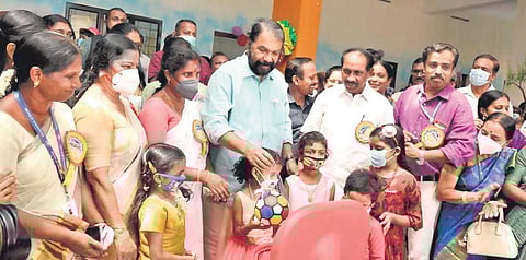 General Education Minister V Sivankutty at the inauguration of the model pre-school at Girls HSSl, Tripunithura