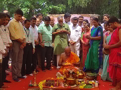 Primary and secondary education minister BC Nagesh lays the foundation stone for a new Pre-University College building at Hampankatta in Mangaluru. (Photo | Express)