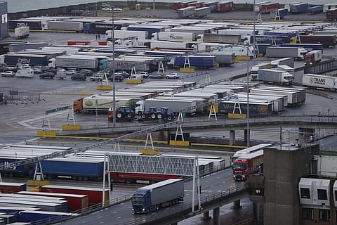 Lorries leave after disembarking a ferry as others wait to board on the morning after Brexit took place at the Port of Dover in Dover. (File Photo | AP)