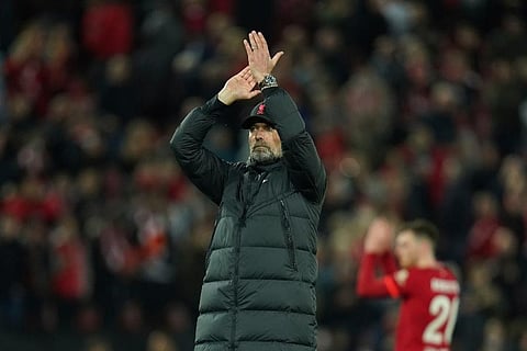 Liverpool's manager Jurgen Klopp applauds fans at the end of the Champions League semi-final, first leg soccer match between Liverpool and Villarreal at Anfield stadium in Liverpool. (Photo | AP)