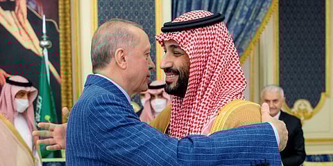 Turkish President Recep Tayyip Erdogan, left, hugs Saudi Arabia's Crown Prince Mohammed bin Salman. (Photo | AP)
