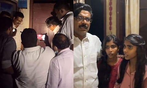 (L) Congress MLA Mathew Kuzalnadan and his men trying to smash open the lock of the house. (R) MLA with the twins evicted from their home. (Photo | Special Arrangement)