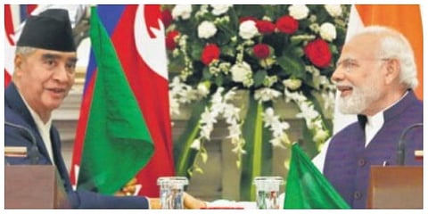 PM Narendra Modi and his Nepalese counterpart Sher Bahadur Deuba remotely launch a rail service to Nepal. (Photo | Shekhar Yadav)