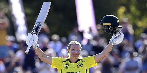 Australia's Alyssa Healy celebrates making 100 runs against England during the final of the ICC Women's Cricket World Cup match in Christchurch, New Zealand, Sunday, April 3, 2022. (Photo | AP)