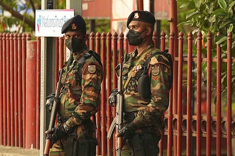 Sri Lankan army soldiers stand guard before curfew begins in Colombo, Sri Lanka, Saturday, April 2, 2022. (Photo | AP)