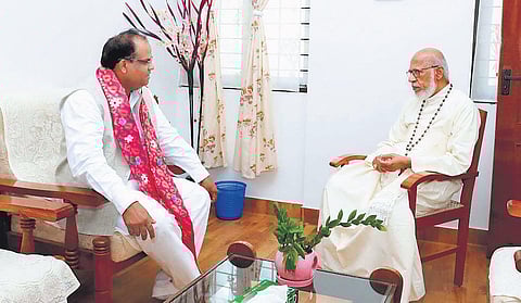 Union Minister John Barla with Cardinal George Alencherry at Mount St Thomas, Kakkanad, on Friday