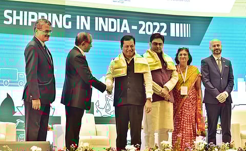 Cochin Shipyard CMD Madhu S Nair felicitating Sarbananda Sonowal during the inaugural ceremony of the workshop on Green Shipping. (Photo | Special Arrangement)