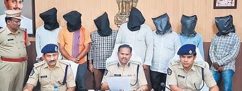 Anantapur-range DIG Ravi Prakash addresses the media at the police guest house in Chittoor town and produces the accused on Friday . ( Photo | EPS)