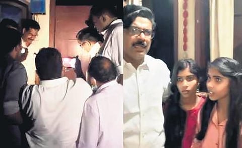 Muvattupuzha MLA Mathew Kuzhalnadan with twin sisters Nandana and Nanditha, who were evicted from their home. (Photo| EPS)