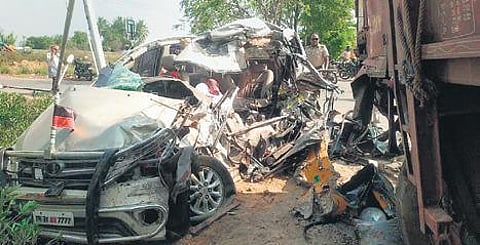 The mangled remains of car involved in an accident near Siruvachur in Perambalur district. (Photo| EPS)