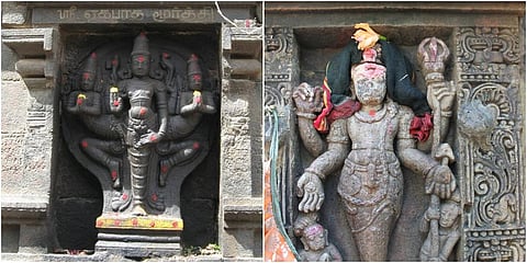 Tripada-Trimuti in Thyagaraja Temple, Tiruvottiyur, where the main theme is Shiva’s supreme authority (L) and Ekapada-Bhairava in Taleshvara Temple, Bhubaneswar (R)