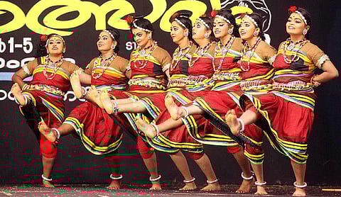 The students of CMS College, Kottayam, who bagged the first place in folk dance at the Mahatma Gandhi University Youth Festival on Monday.
