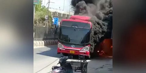 There were around 20 passengers in the bus when it caught fire but they safely de-boarded the vehicle.