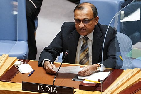 India's Ambassador to the United Nations T. S. Tirumurti at a UNSC meeting on the Russian invasion of Ukraine (Photo | AP)
