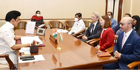 French Envoy Emmanuel Lenain interacts with Tamil Nadu CM MK Stalin (Photo | CMO Tamil Nadu Twitter)