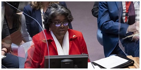Linda Thomas-Greenfield, Permanent Representative of United States to the United Nations, speaks during a meeting of the UN Security Council, Tuesday, April 5, 2022, at United Nations headquarters.