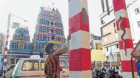 Sri Dharmarayaswamy Temple in Bengaluru’s Thigalarapete being spruced up ahead of the Karaga festival, on Thursday | vinod kumar t