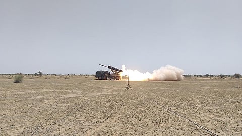 Enhanced Pinaka Mk-I Rocket System being test-fired from Pokhran range on Saturday (Photo: Special arrangement)