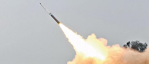 A missile with solid fuel ducted ramjet booster being test fired from ITR off Odisha coast on Friday | Express