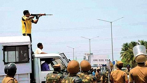 An officer targeting civilians during anti-Sterlite protests in Tuticorin in 2018.
