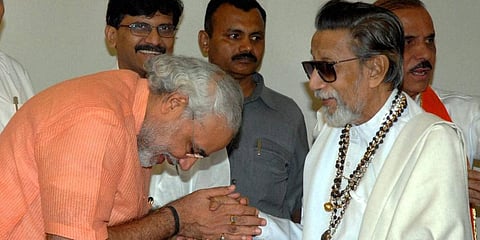 Shiv Sena founder Bal Thackeray greeted by then Gujarat CM Narendra Modi. (File Photo | PTI)
