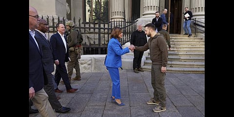 Zelenskyy, centre right, and U.S. Speaker of the House Nancy Pelosi shake hands during their meeting in Kyiv, Ukraine, Saturday, April 30, 2022.(Photo | AP)