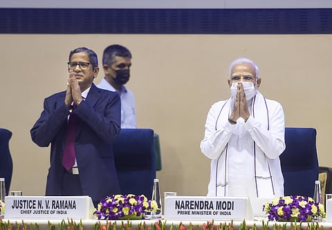 Prime Minister Narendra Modi gestures during a joint conference of CMs of States & Chief Justices of High Courts, at Vigyan Bhawan in New Delhi. (Photo | PTI)