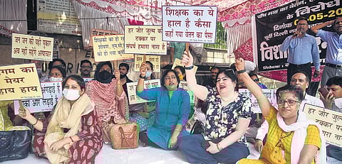 East MCD school teachers during their protest to demand pending salaries on Monday | Parveen Negi
