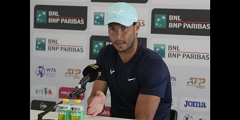 Spain's Rafael Nadal talks to journalists during a press conference at the Italian Open tennis tournament, in Rome, Monday, May 9, 2022. (Photo | AP))