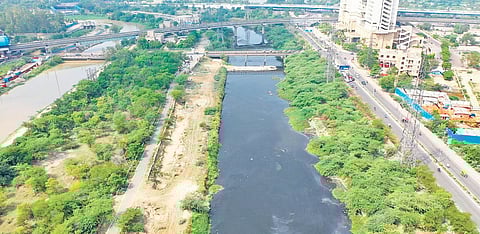 Government plans to build a 4-k-long walking-cycling track and a water recharge zone over the drain. (Photo | Express)